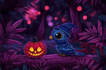 Poster - Cute Owl with Jack-o'-lantern in a Halloween Forest