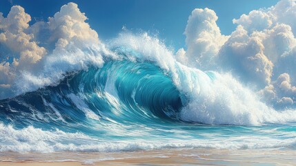 A large, powerful wave crashes on the beach with white foamy crest, blue sky, and fluffy clouds in the background.