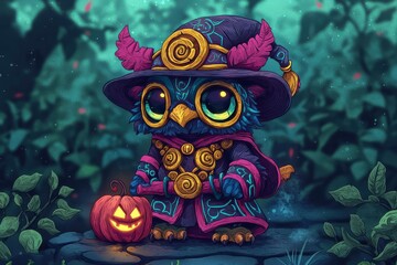 Poster - Cute Owl Magician with Pumpkin on Halloween Night