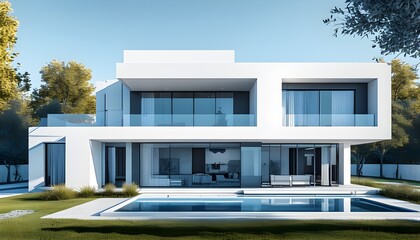 Sticker - Sleek digital blueprint of a modern house showcasing intricate details in a clean white and blue palette against a minimalist background