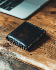 vintage black leather wallet on rustic wood tabletop