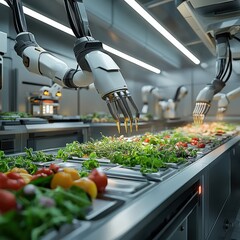 Imagine a futuristic food industry with robotic arms cooking meals and AI managing supply chains efficiently, ensuring seamless farm-to-table journeys.