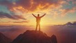 © Johannes - Man on the top of mountain spreading hands, celebrating success and achievements, sunrise time with copy space