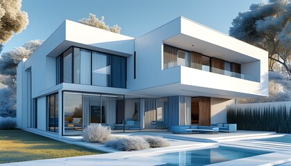 Sticker - Sleek digital blueprint of a modern house showcasing intricate details in a clean white and blue palette against a minimalist background