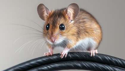 Cute mouse on black wire, white isolate background