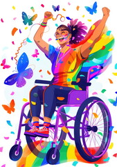 Wall Mural - Woman in Wheelchair Celebrates with Confetti and Butterflies