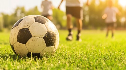 Soccer ball on grass field, action in background