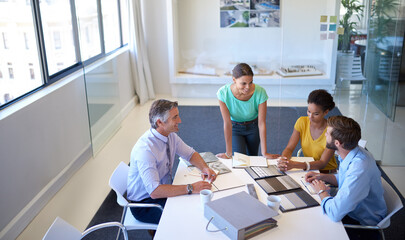 Poster - Business, people and smile in boardroom on meeting for strategy and planning on project. Brainstorming, employees and happy with coworking at office as accountants with teamwork and collaboration