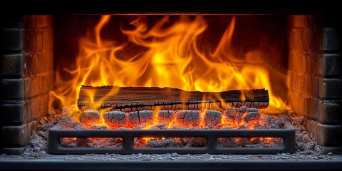 A fiery log glows brightly in a brick fireplace, illuminating the surrounding ash and embers with a warm orange light.