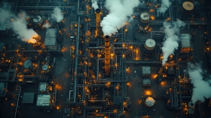 Sticker - An aerial view of a large industrial complex at night, with smoke billowing from tall chimneys. The complex is brightly lit, revealing a network of pipes, tanks, and other industrial equipment.