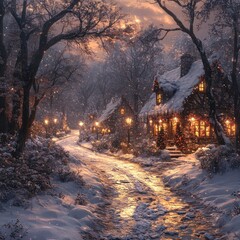 Wall Mural - A snowy, wintery village scene with charming cottages lit by lanterns, creating a warm and inviting atmosphere.