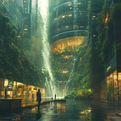 Wall Mural - A futuristic city with a giant waterfall flowing down through the buildings, surrounded by lush greenery and a few people walking in the streets.