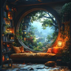 Poster - A cozy nook with a round window overlooking a lush forest and distant city lights.