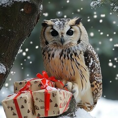 Poster - An owl with big, dark eyes sits on a snowy branch with two wrapped Christmas gifts.