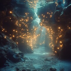 Poster - An underwater cave with glowing lights and a sandy path leading to the surface.