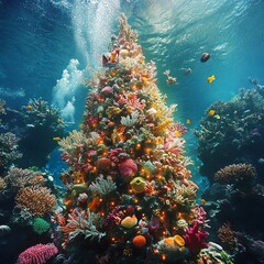 Wall Mural - An underwater Christmas tree made of coral with fish swimming around it.