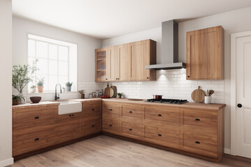 Wall Mural - The modern wooden kitchen design showcases elegant finishes that elevate the overall space ambiance