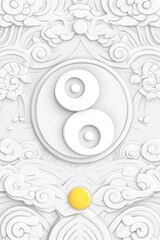 Sticker - White 3D Yin Yang Symbol with Clouds and Flower Pattern