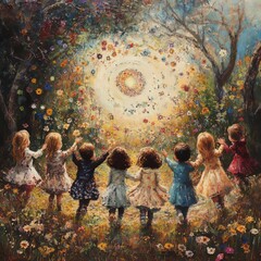 Poster - Children holding hands in a circle in a field of flowers, looking at a sun with a circle of flowers around it.