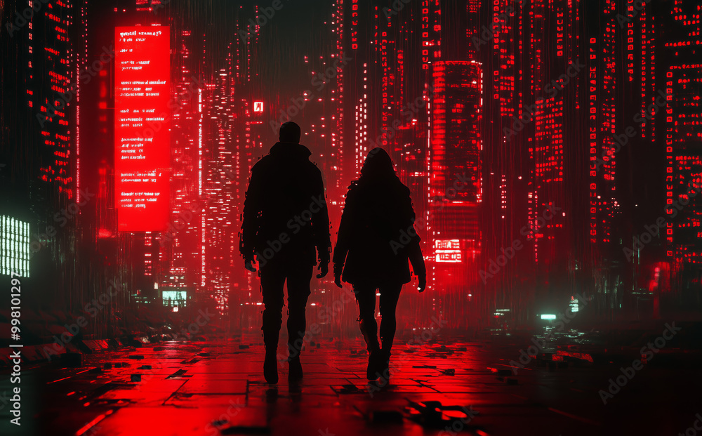 Silhouettes of two people walking through a futuristic city with ...