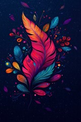 Poster - Abstract Colorful Feather with Floral Elements on a Dark Background