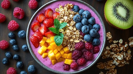 A colorful smoothie bowl with fruit, granola, and nuts.