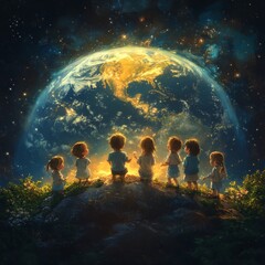 Poster - Children looking up at the Earth from a hilltop, surrounded by stars.