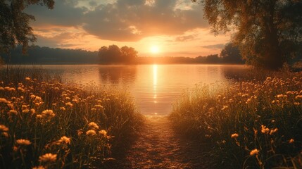 Sticker - A breathtaking sunrise over a still lake, with a path leading to the water's edge through a field of wildflowers. The golden light illuminates the scene with a sense of peace and tranquility.