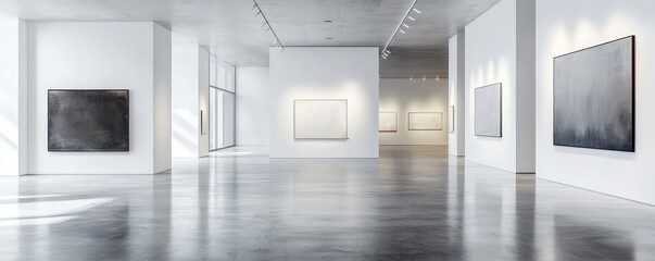 A modern minimalist art gallery with stark white walls, polished concrete floors, and strategically placed spotlights illuminating bold artworks