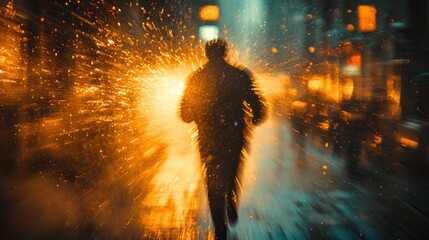 Wall Mural - A blurry silhouette of a person running through a rainy city street at night, with bright lights and water droplets in the air.