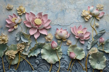 The walls of a bedroom are adorned with sculpted lotus flowers.