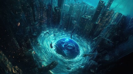 Wall Mural - planet earth is floating over the ocean,planet earth submerged and floating in sea,global warming an