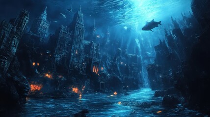 Wall Mural - modern building office or city town is submerged the ocean sea and fish,global warming and rising se