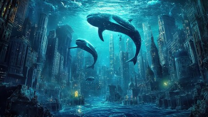 Wall Mural - modern building office or city town is submerged the ocean sea and fish,global warming and rising se