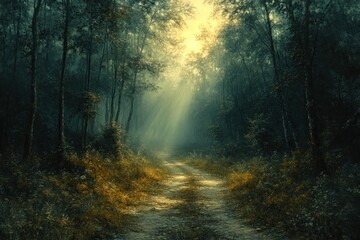 Sticker - A dirt road winds through a dense forest, with sunlight breaking through the canopy, creating a mystical atmosphere.