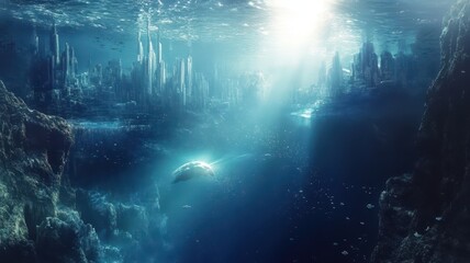 Wall Mural - modern building office or city town is submerged the ocean sea and fish,global warming and rising se