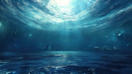 Wall Mural - modern building office or city town is submerged the ocean sea and fish,global warming and rising se
