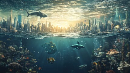 Wall Mural - modern building office or city town is submerged the ocean sea and fish,global warming and rising se