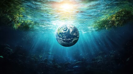 Wall Mural - planet earth is floating over the ocean,planet earth submerged and floating in sea,global warming an