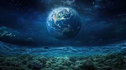 Wall Mural - planet earth is floating over the ocean,planet earth submerged and floating in sea,global warming an
