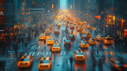 Poster - A busy city street with traffic and pedestrians in the rain.