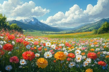 Wall Mural - A field of colorful wildflowers stretches out before a mountain range, bathed in sunlight.