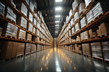 Wall Mural - A spacious warehouse interior with rows of high shelves stacked with cardboard boxes, reflecting the bright fluorescent lights.