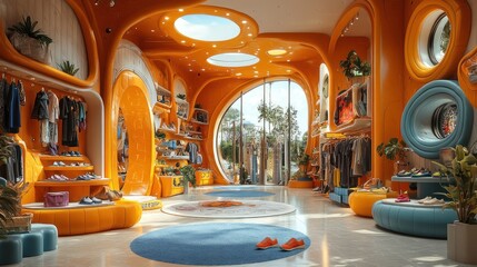 Sticker - Modern futuristic retail store interior with colorful furniture and clothing displays.