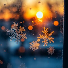 Sticker - Close-up of frosty snowflakes on a windowpane with a sunset in the background.