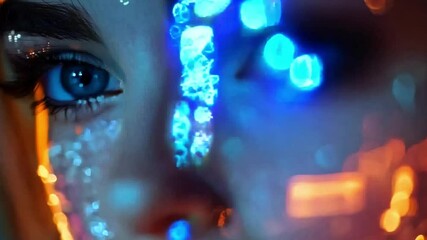 Poster - A woman stands with city lights projected on her face, her eyes reflecting vibrant colors, creating a striking visual effect in an urban atmosphere.