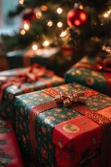 Poster - Close-up of wrapped Christmas presents under a decorated tree with warm lights.