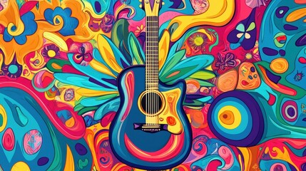 music posters with hippie sign and guitar. woodstock festival style. cartoon psychedelic patterns. r