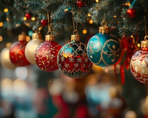 Poster - Colorful Christmas ornaments hanging from a tree, creating a festive atmosphere.