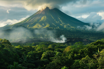 Generative ai on theme of erupting volcano with cascading hot lava surrounded thick white smoke